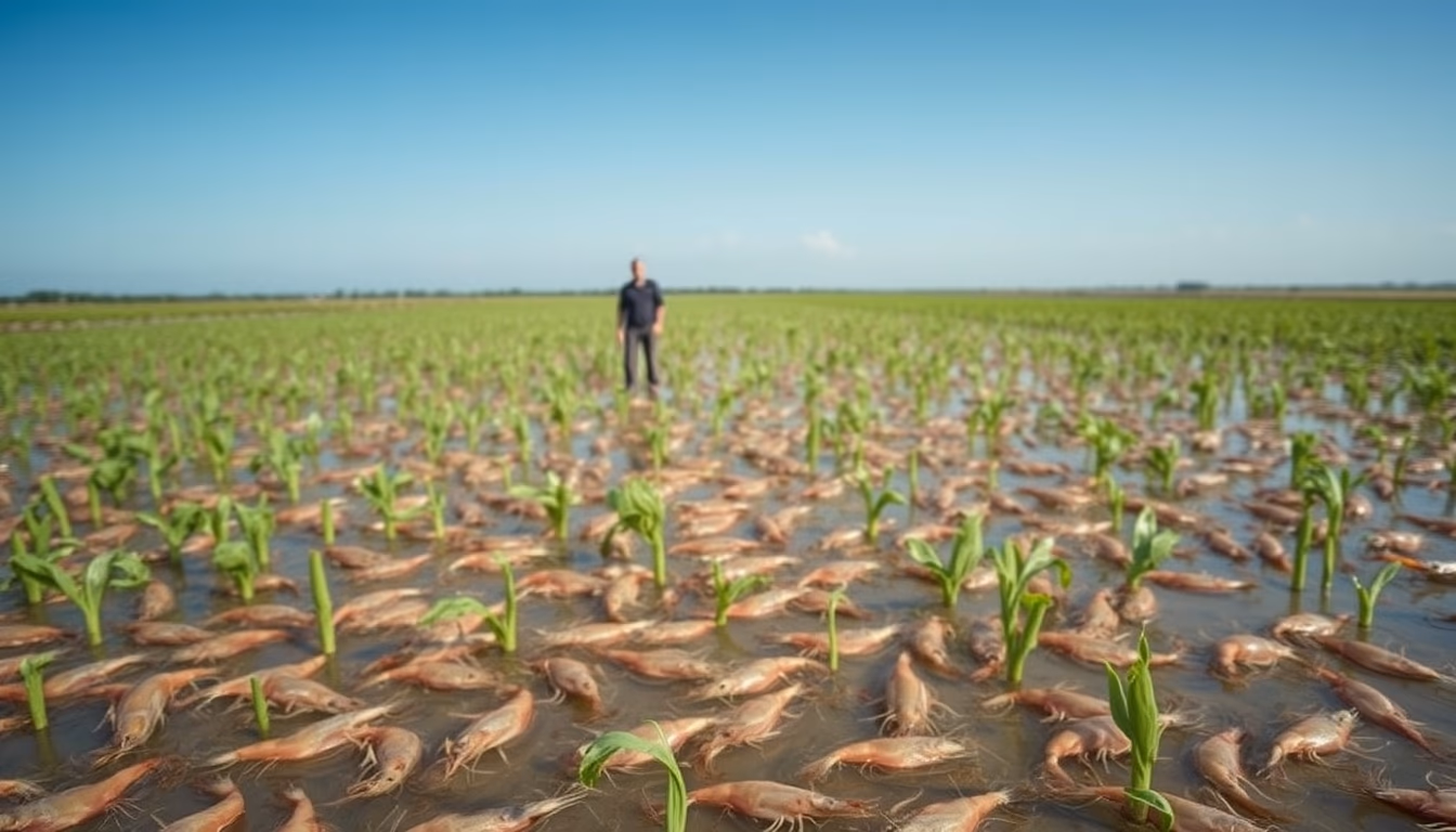 shrimp farm aerial in editorial style