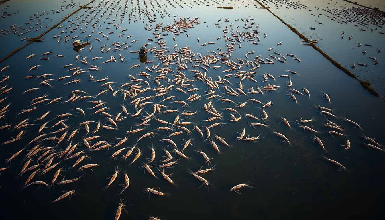 shrimp farm aerial in editorial style