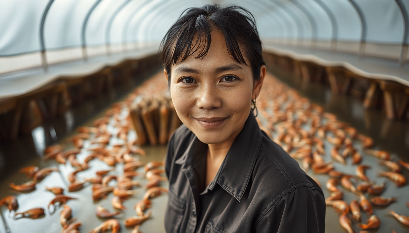 shrimp farm aerial in editorial style