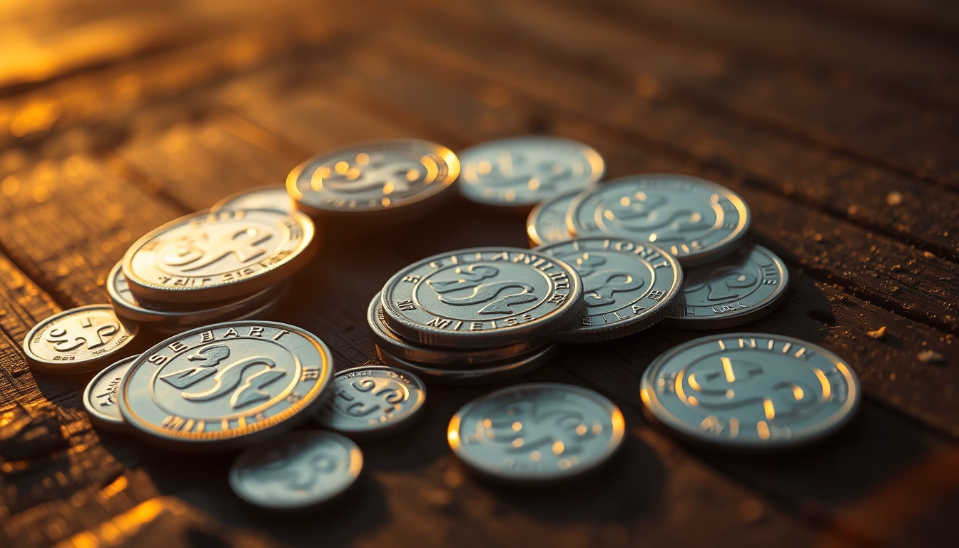 silver coins spread on dark wood in editorial style