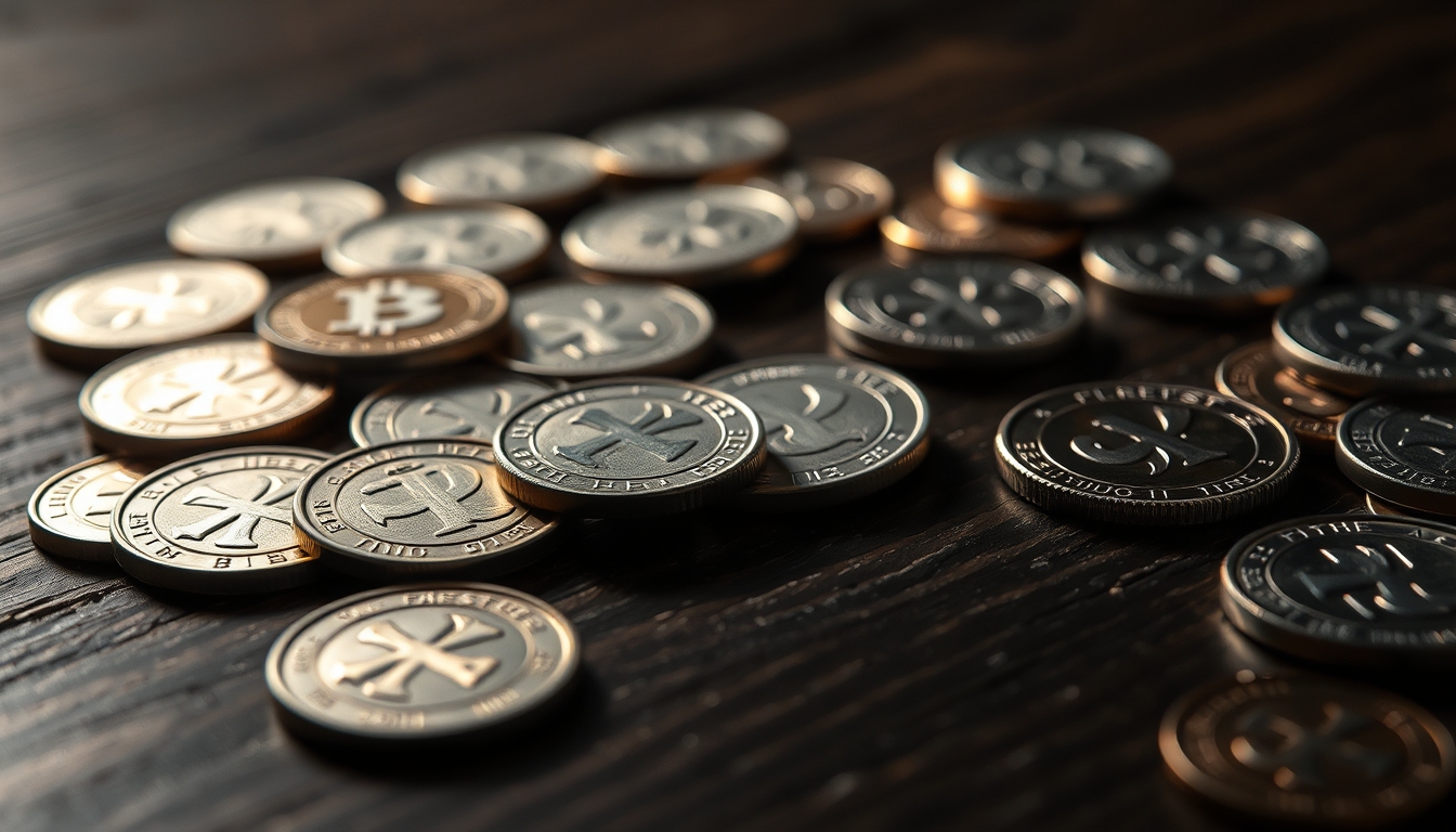 silver coins spread on dark wood in editorial style