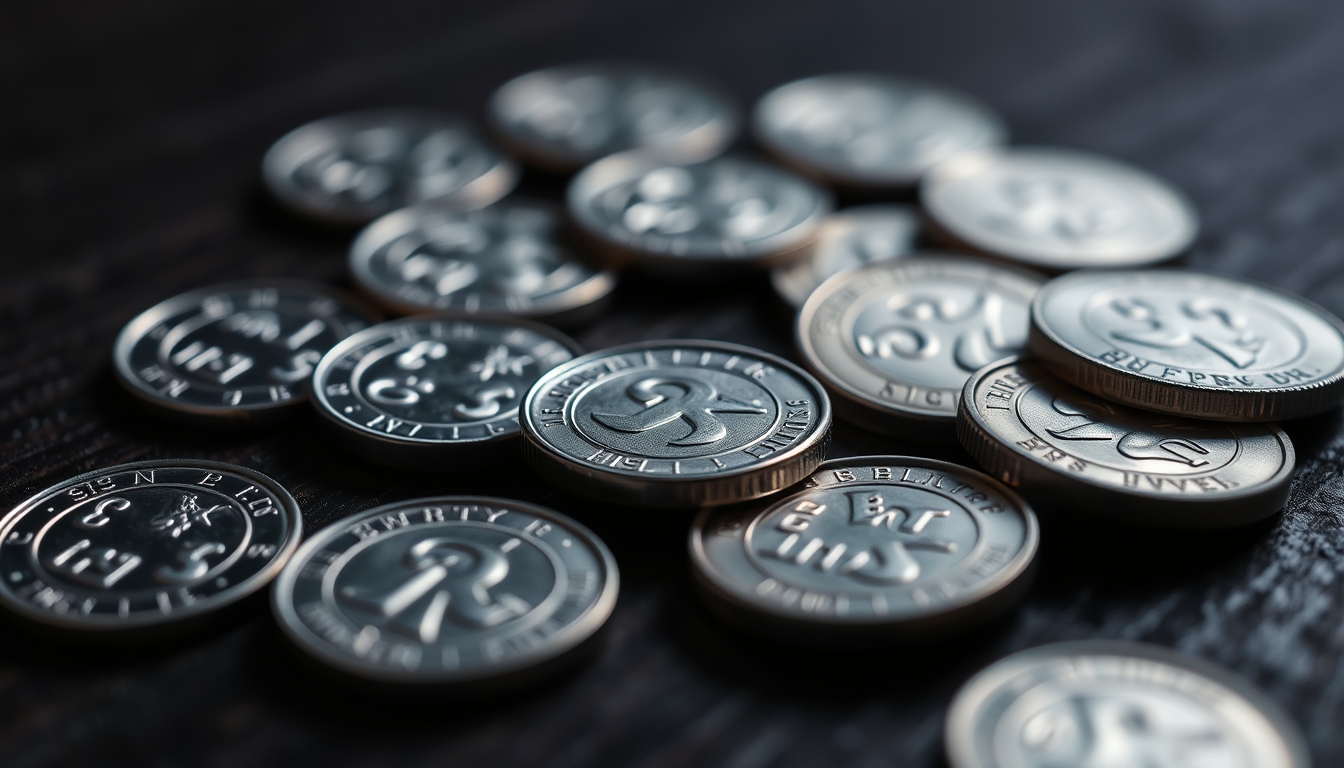 silver coins spread on dark wood in editorial style