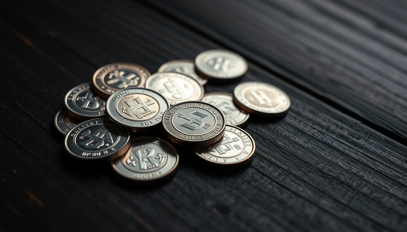 silver coins spread on dark wood in editorial style