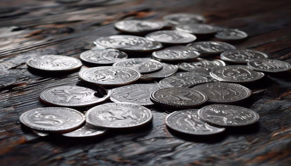 silver coins spread on dark wood in editorial style