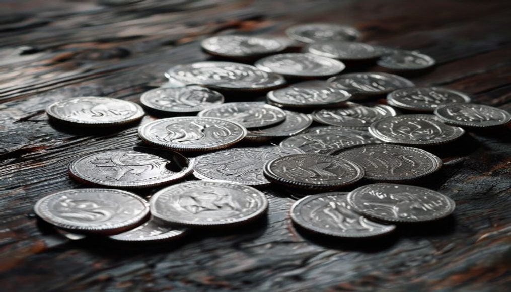 silver coins spread on dark wood in editorial style