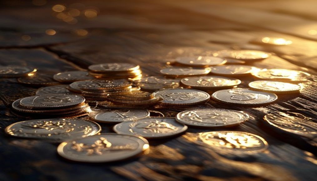 silver coins spread on dark wood in editorial style