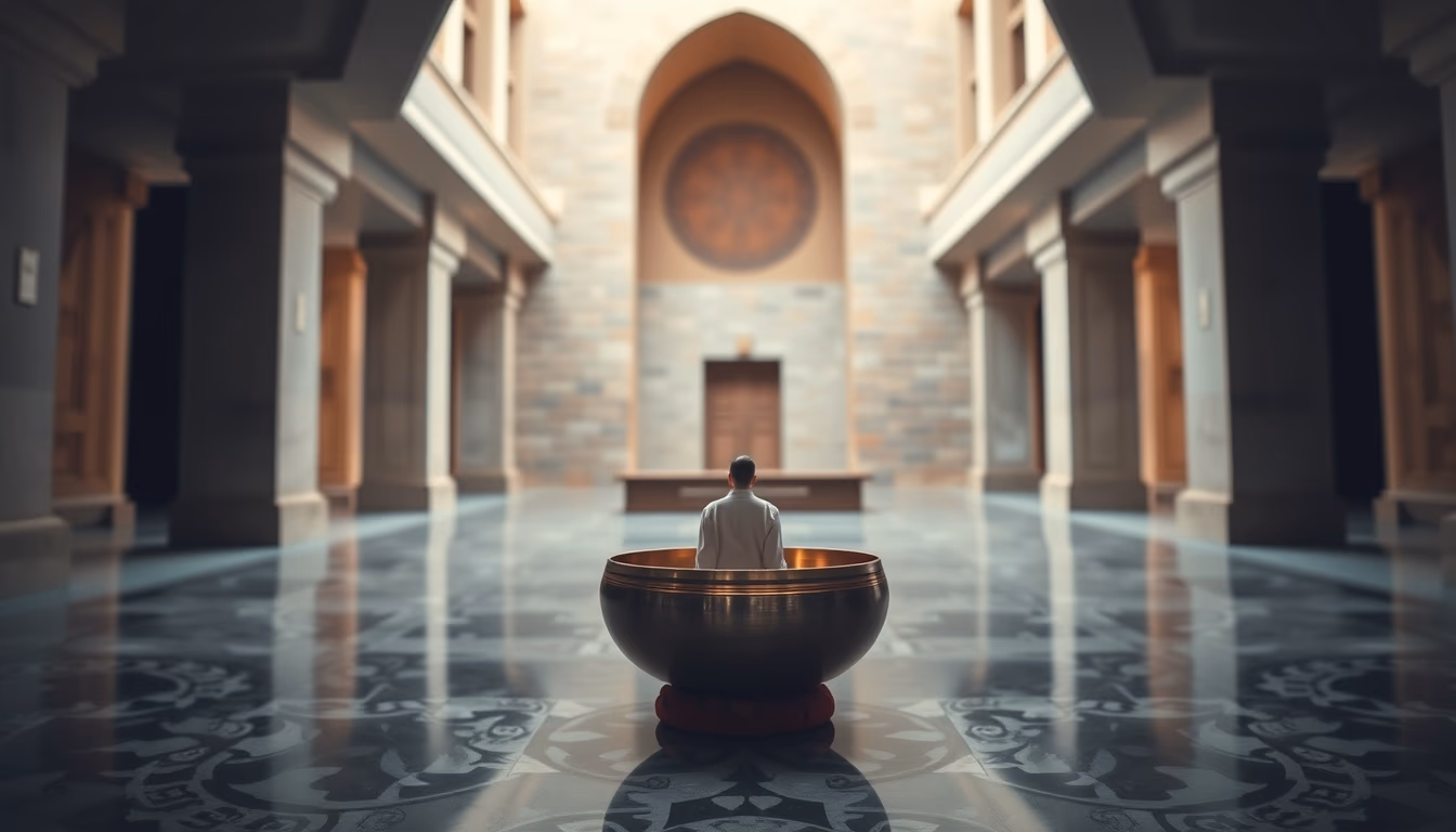 singing bowl meditation in editorial style
