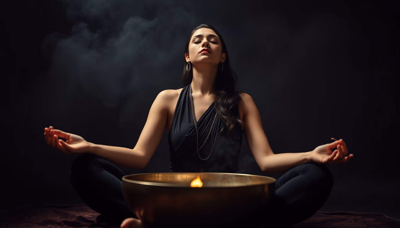 singing bowl meditation in editorial style