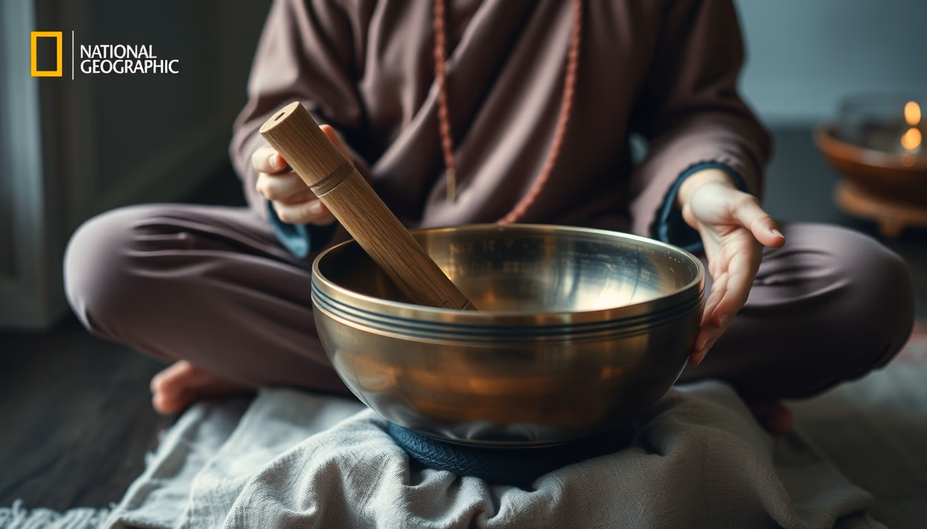 singing bowl meditation in editorial style