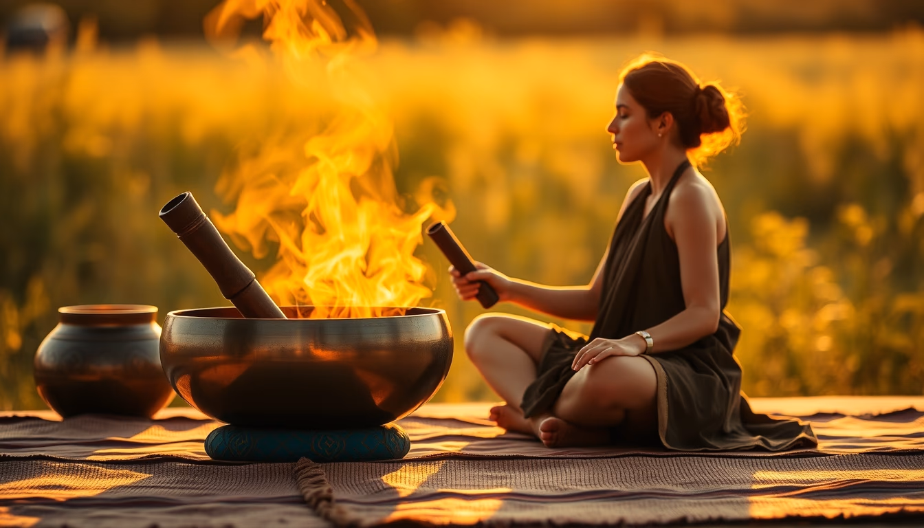 singing bowl meditation in editorial style