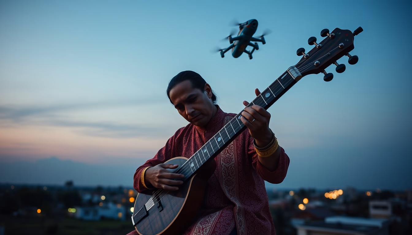 sitar indian carved in editorial style