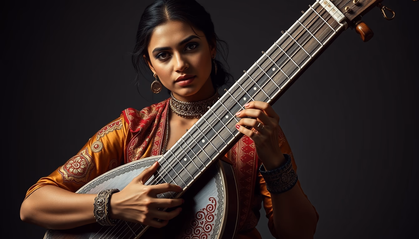 sitar indian carved in editorial style