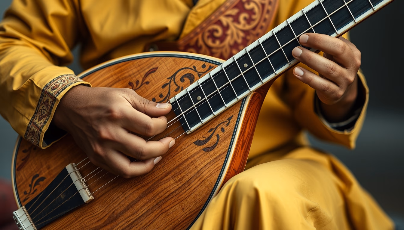 sitar indian carved in editorial style