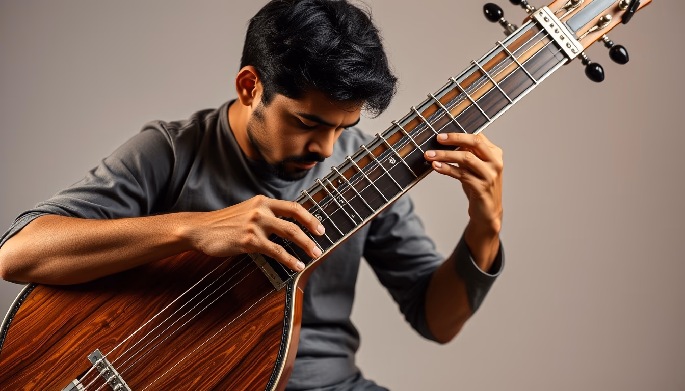 sitar indian carved in editorial style