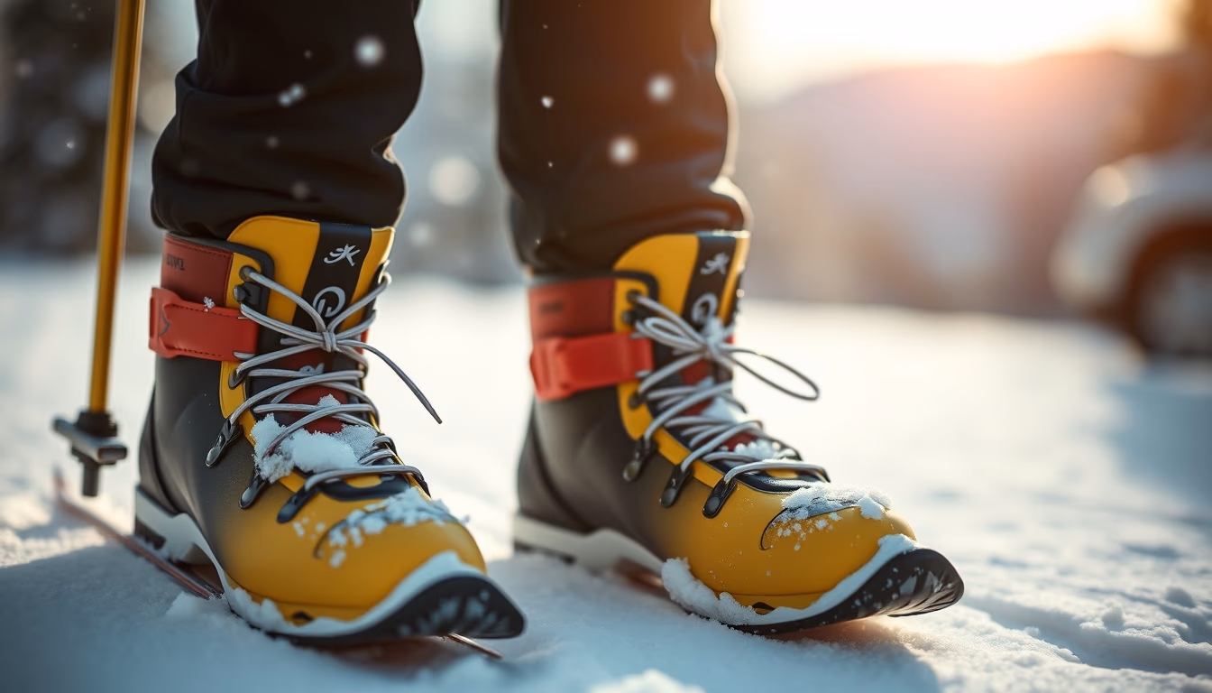 ski boots boots snow in editorial style