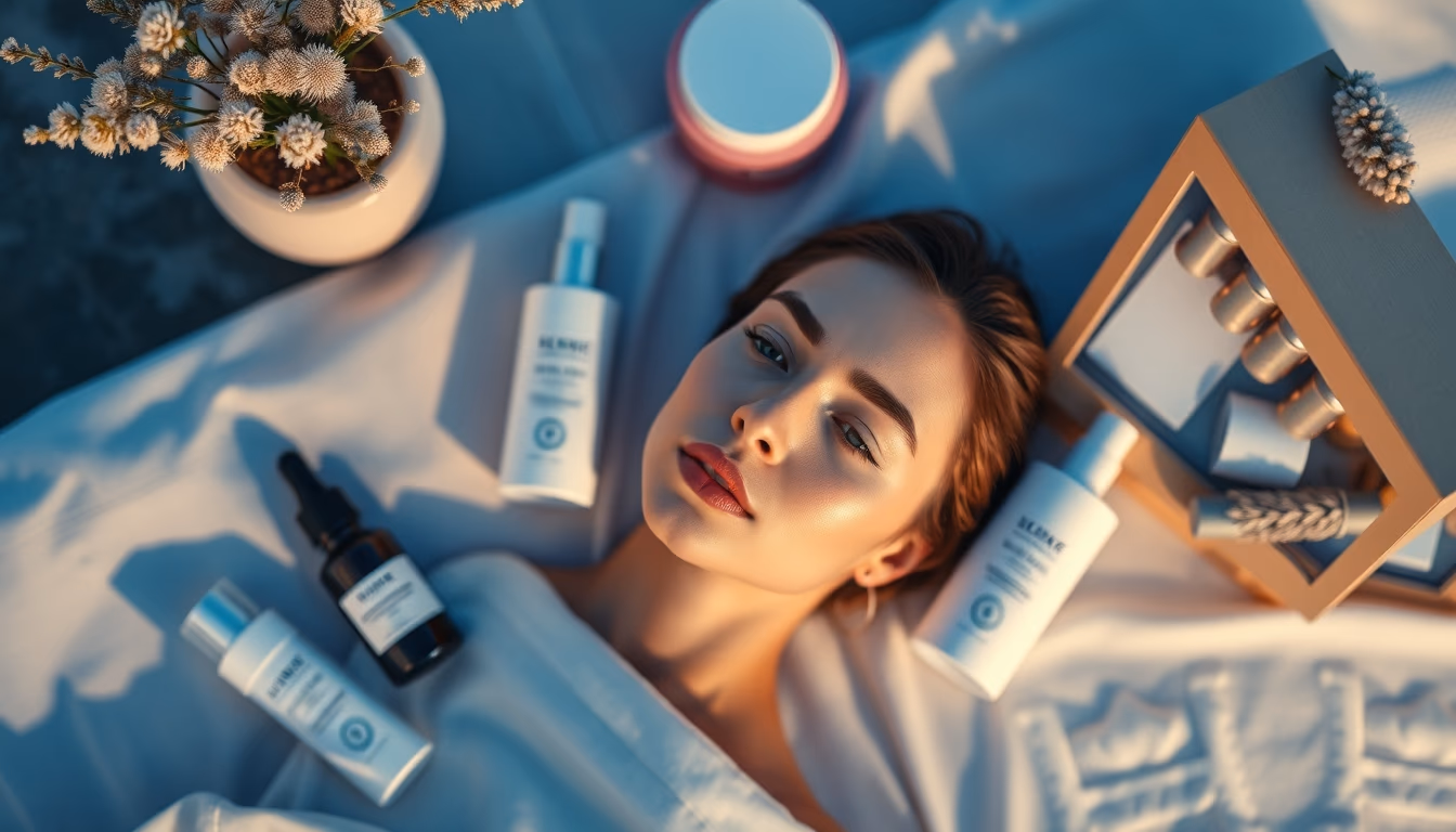 skincare routine flat lay in editorial style