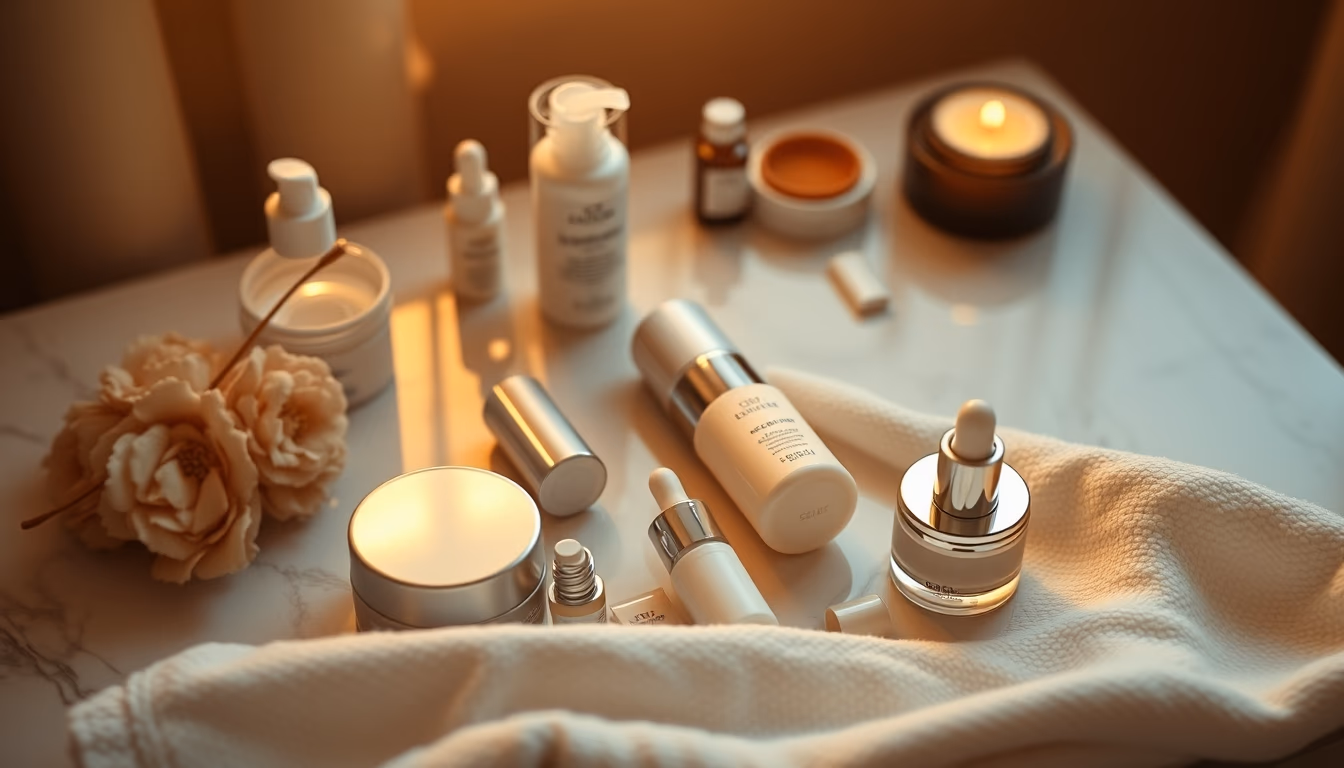 skincare routine flat lay in editorial style
