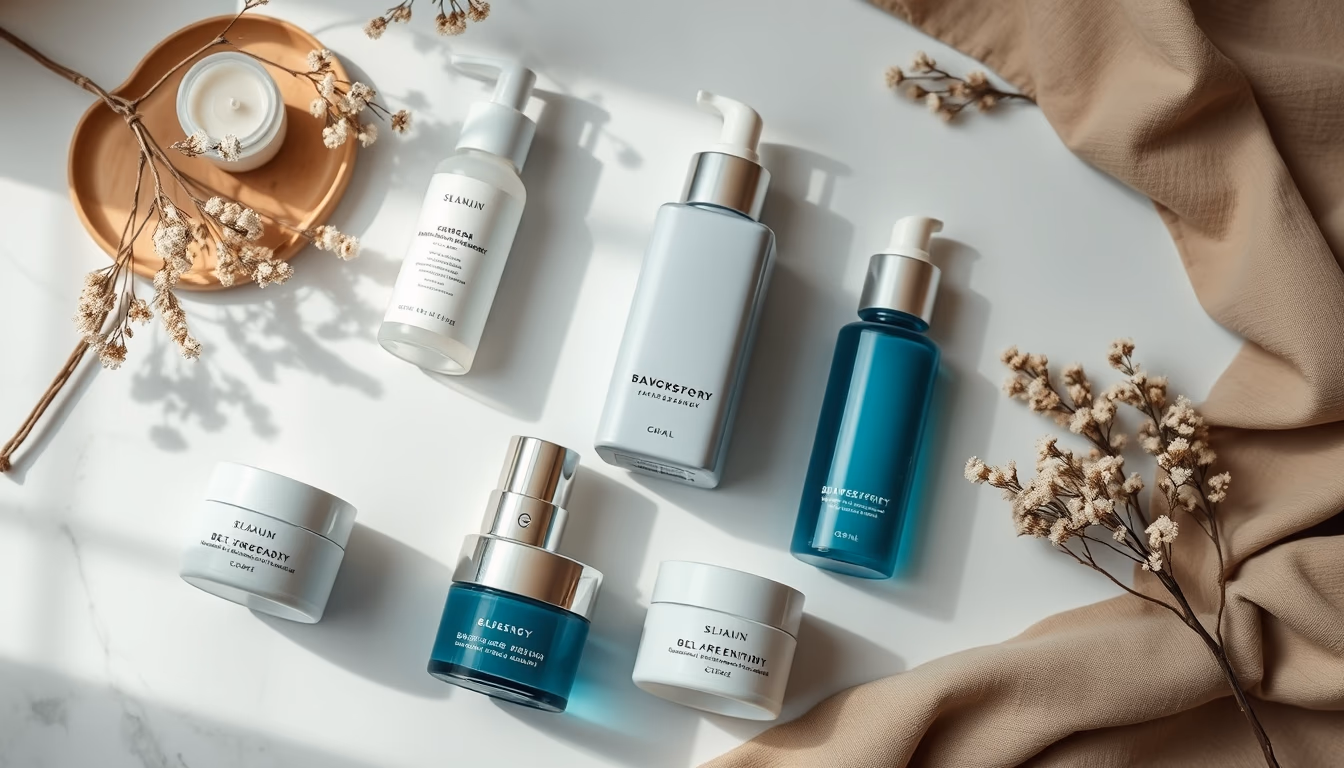 skincare routine flat lay in editorial style