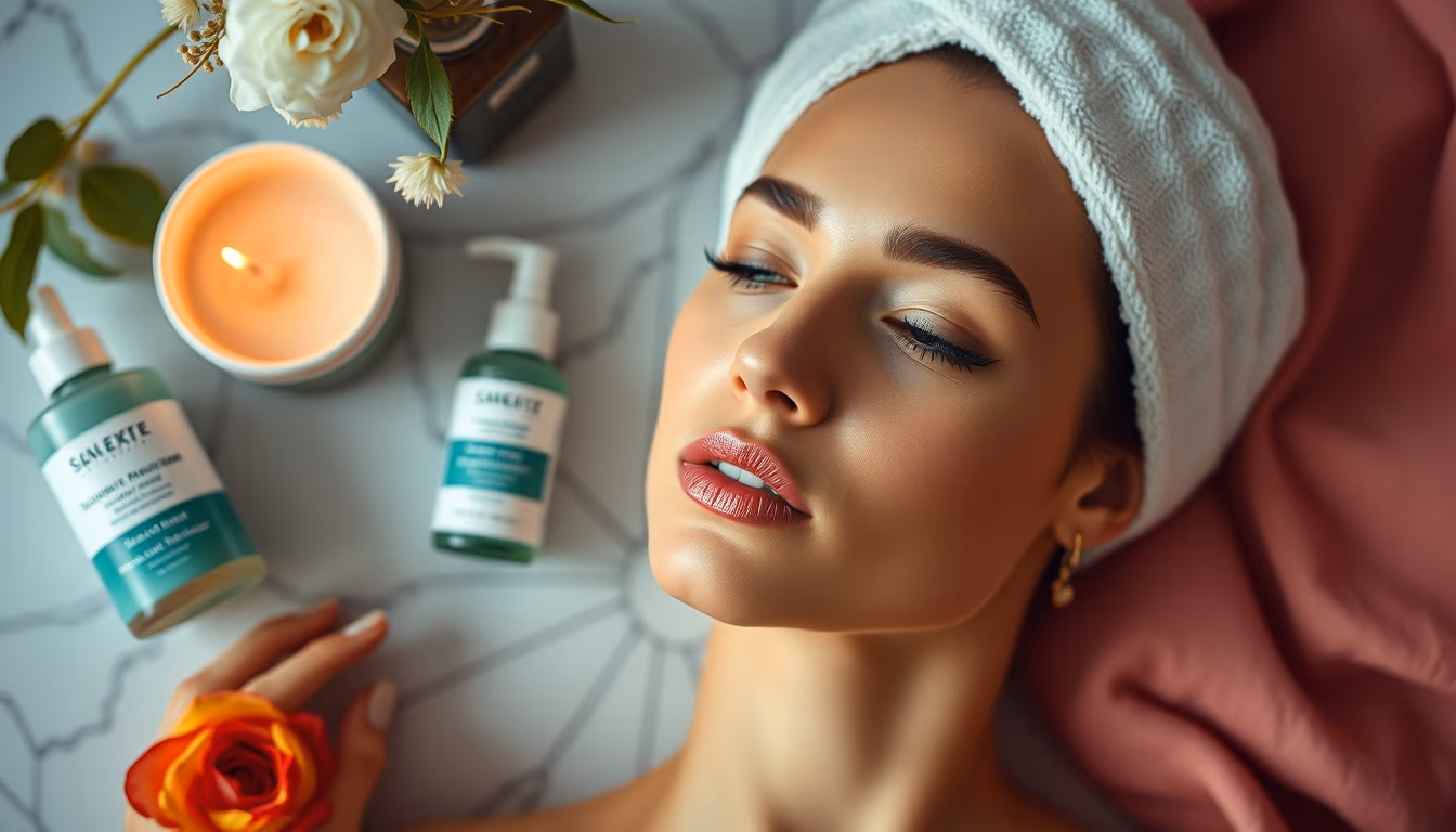 skincare routine flat lay in editorial style