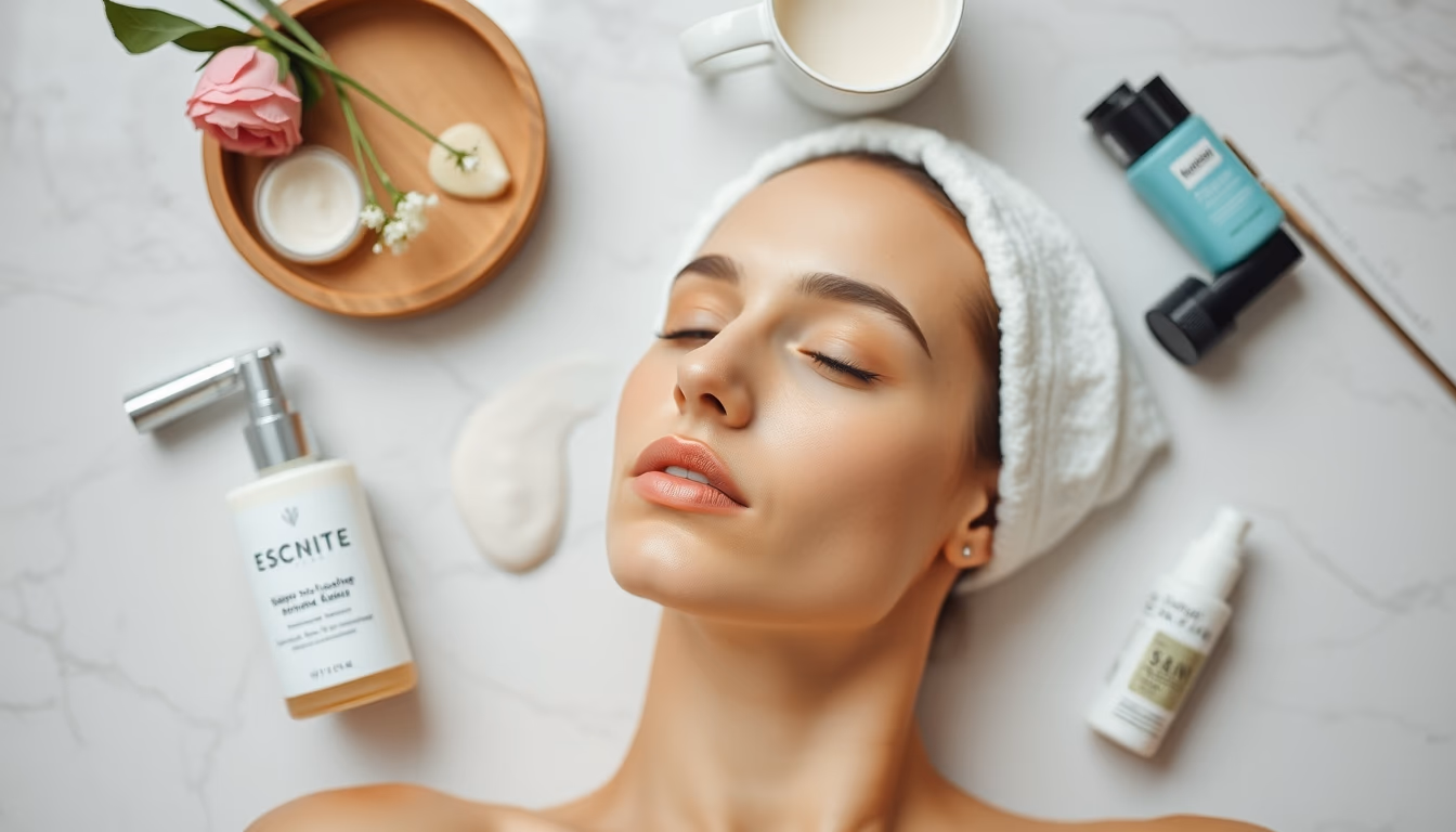 skincare routine flat lay in editorial style