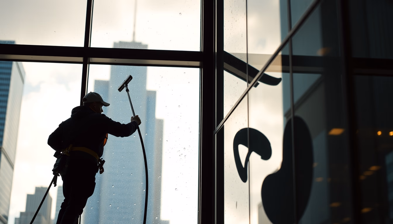 skyscraper window cleaning in editorial style
