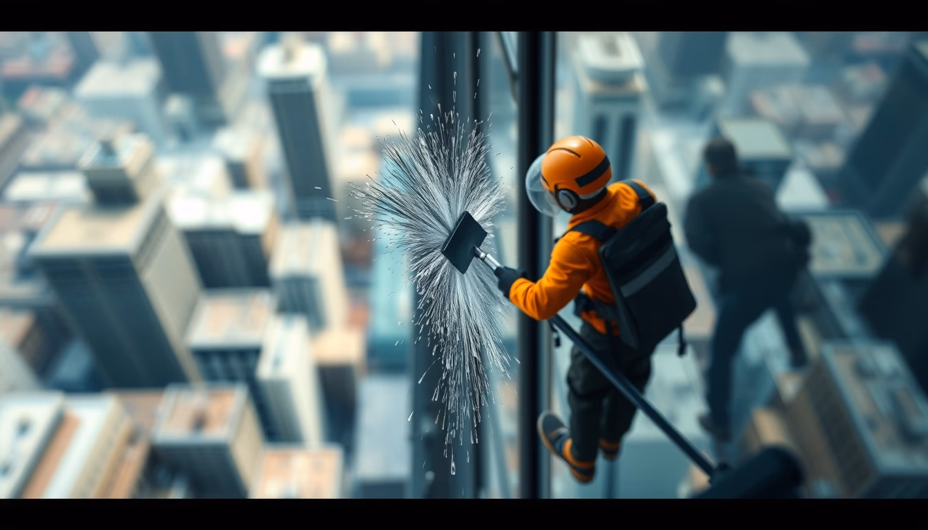 Skyscraper window cleaning em estilo editorial