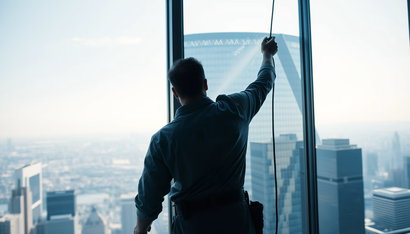 skyscraper window cleaning in editorial style