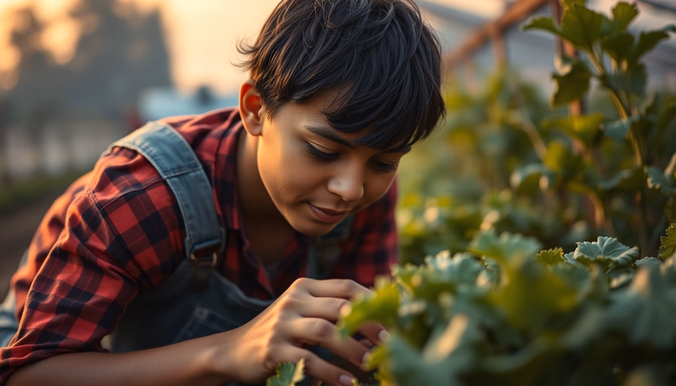 small family farmer tending to organic vegetables in editorial style