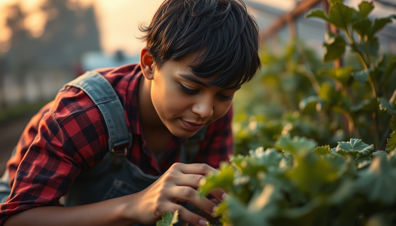 Small family farmer tending to organic vegetables em estilo editorial