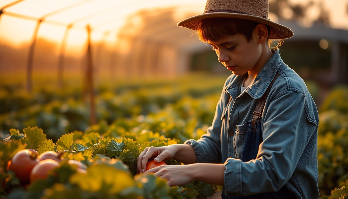 small family farmer tending to organic vegetables in editorial style