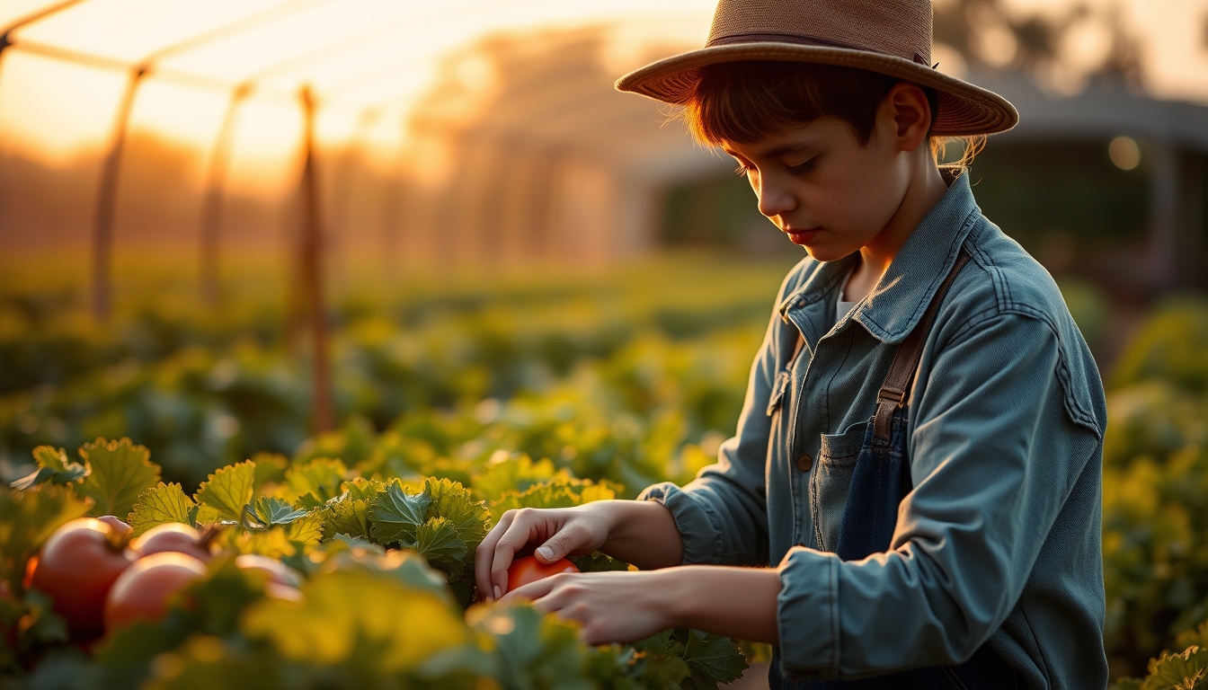 Small family farmer tending to organic vegetables em estilo editorial