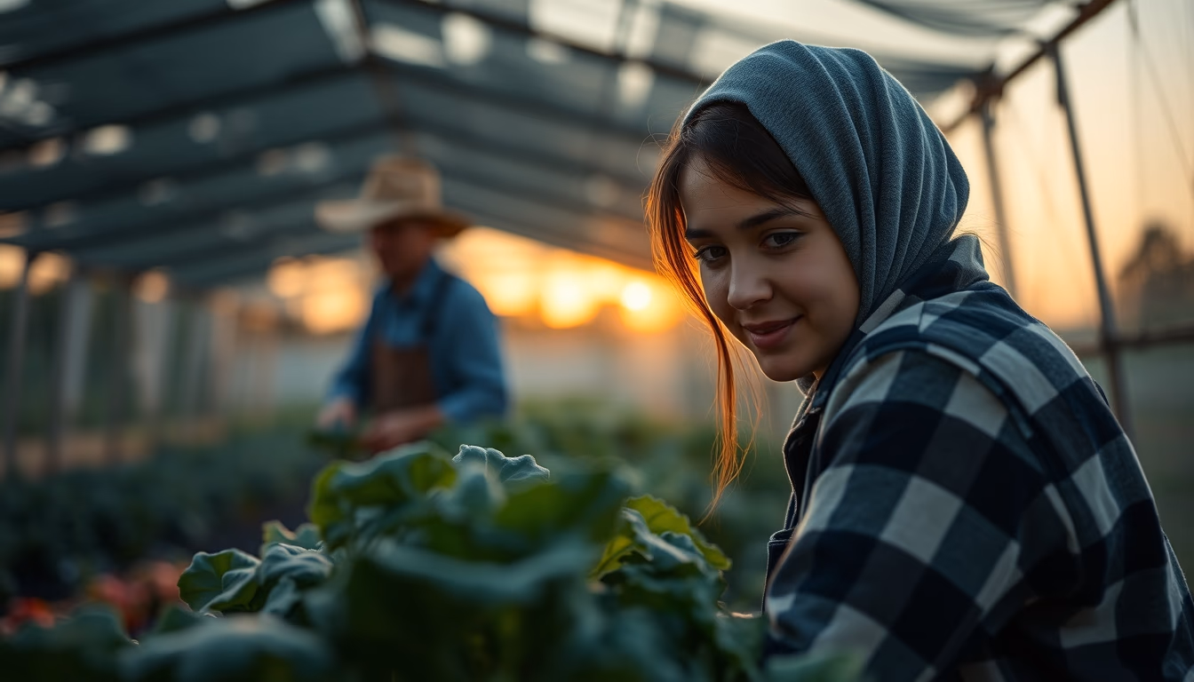 small family farmer tending to organic vegetables in editorial style