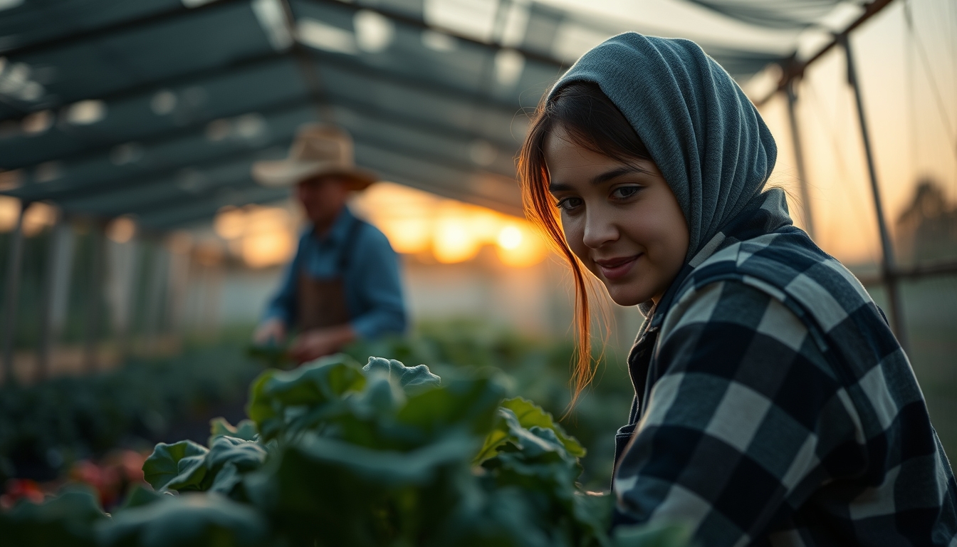 Small family farmer tending to organic vegetables em estilo editorial