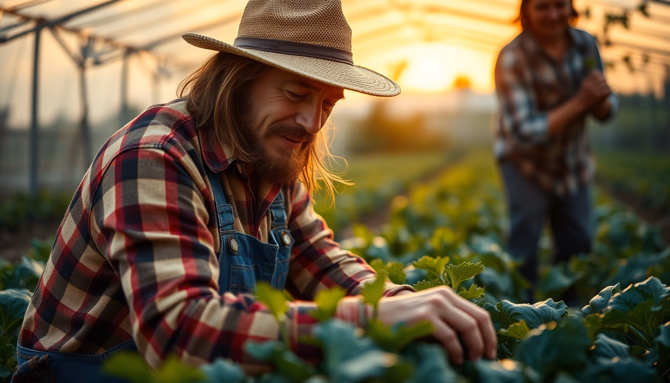 small family farmer tending to organic vegetables in editorial style
