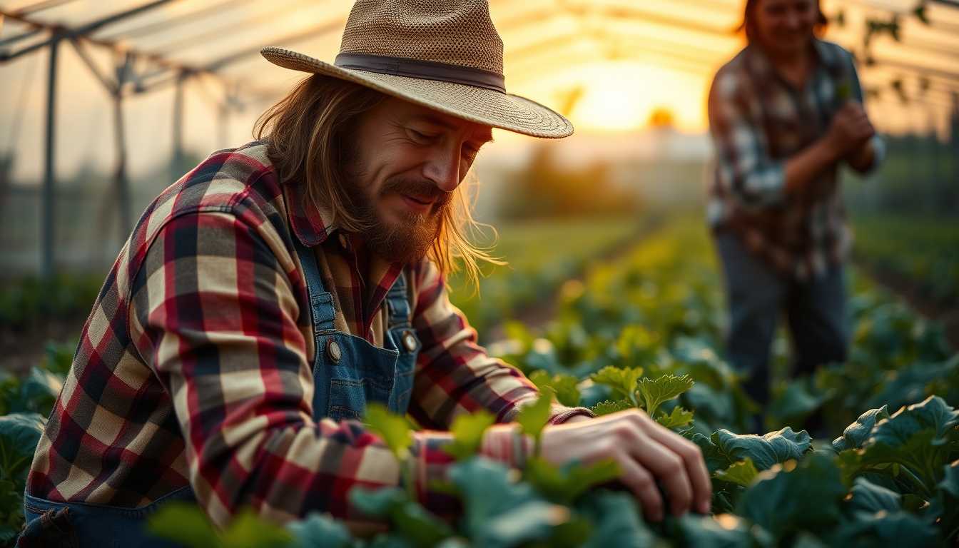 Small family farmer tending to organic vegetables em estilo editorial
