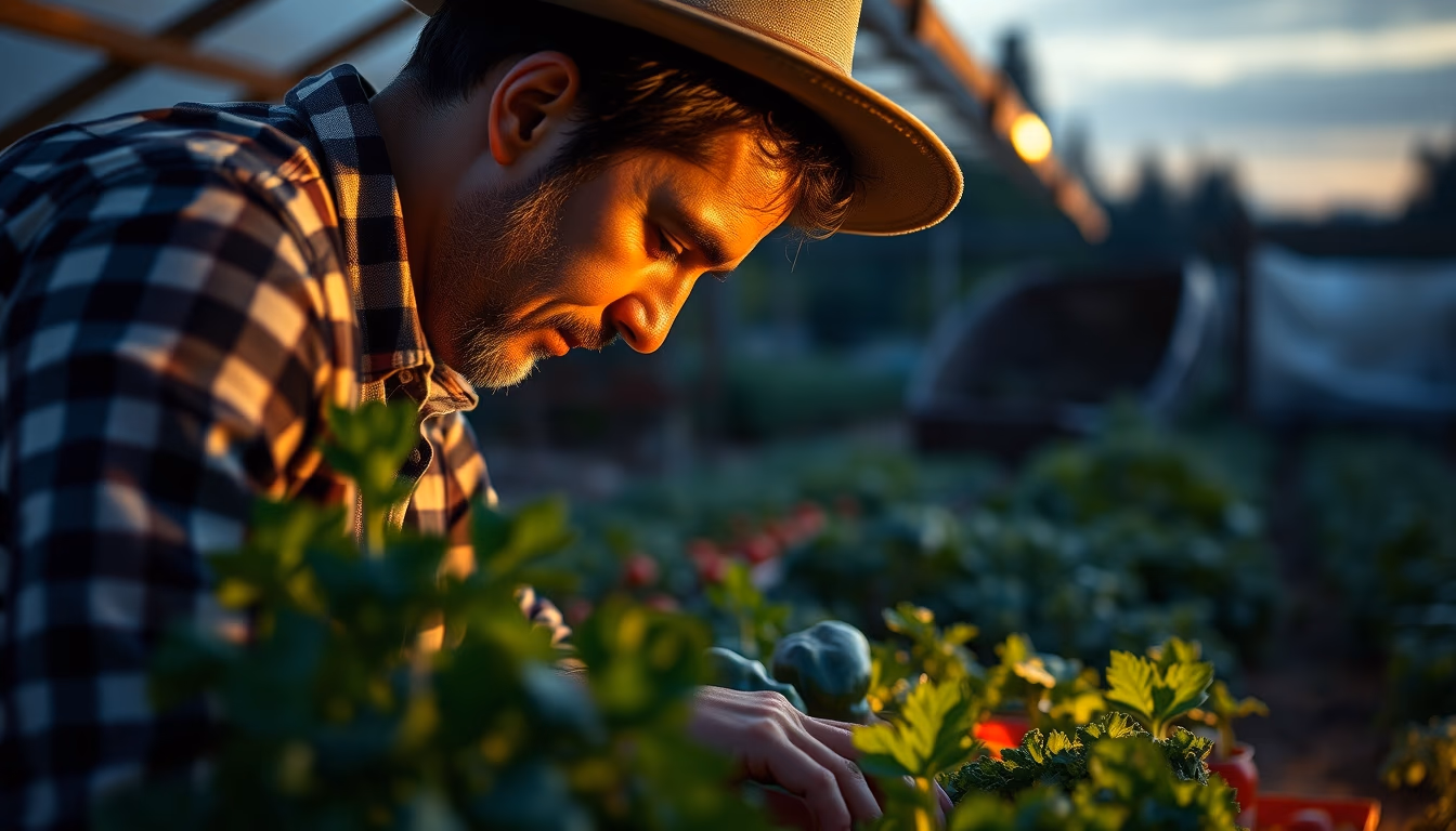 Small family farmer tending to organic vegetables em estilo editorial