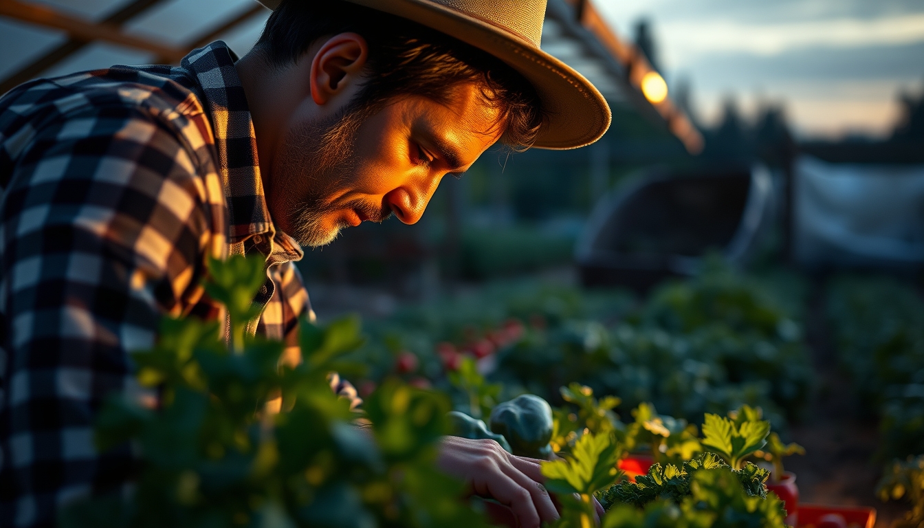 Small family farmer tending to organic vegetables em estilo editorial