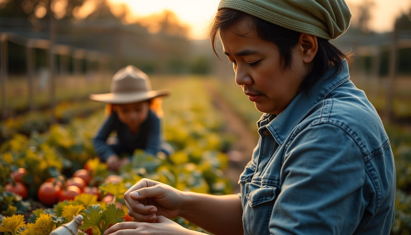 small family farmer tending to organic vegetables in editorial style