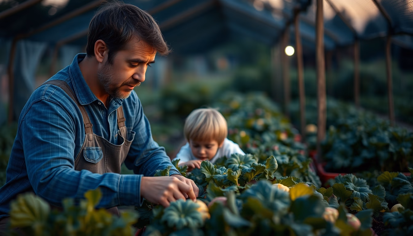 small family farmer tending to organic vegetables in editorial style