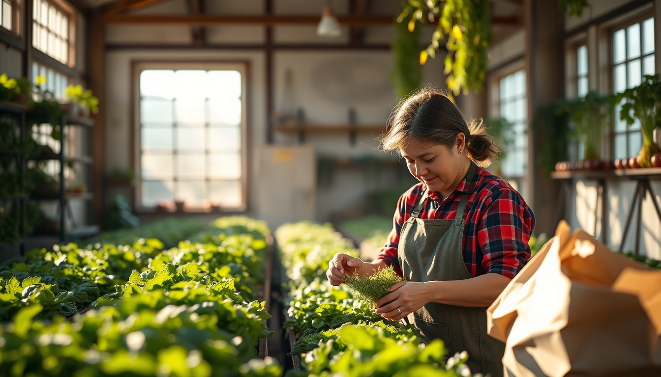 Small family farmer tending to organic vegetables em estilo editorial