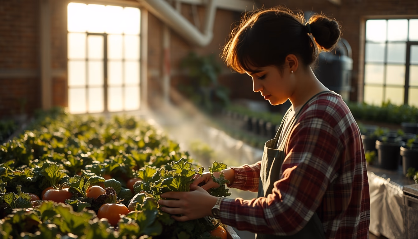 small family farmer tending to organic vegetables in editorial style