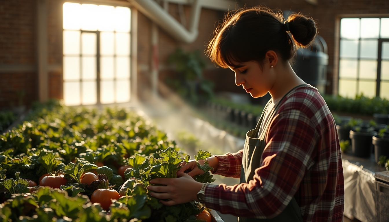 Small family farmer tending to organic vegetables em estilo editorial