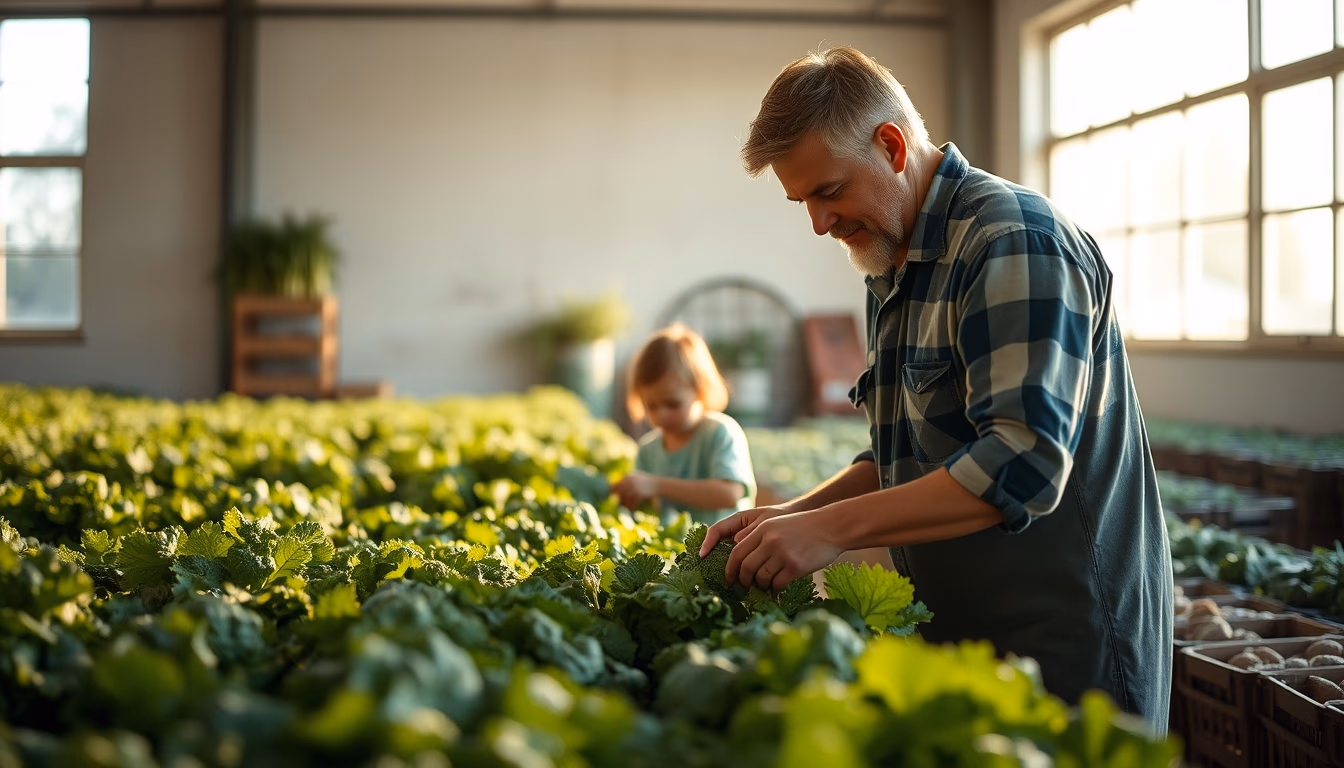small family farmer tending to organic vegetables in editorial style
