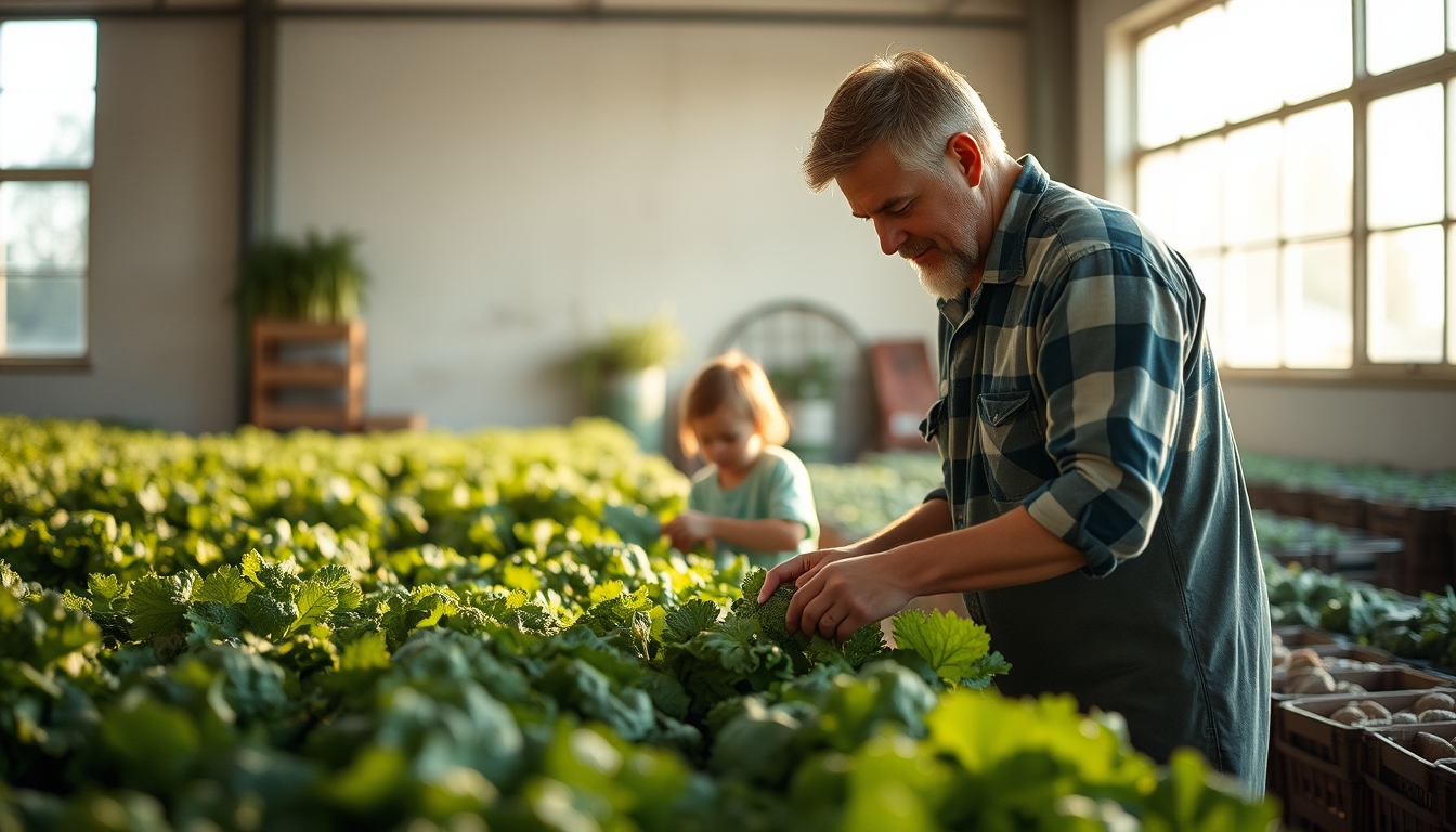 Small family farmer tending to organic vegetables em estilo editorial