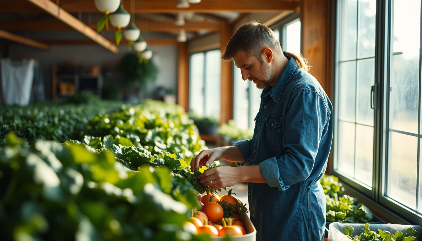 small family farmer tending to organic vegetables in editorial style