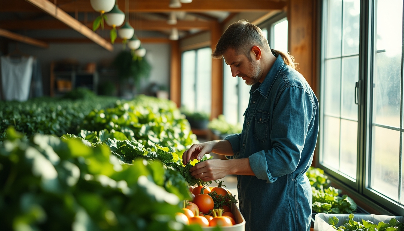 Small family farmer tending to organic vegetables em estilo editorial