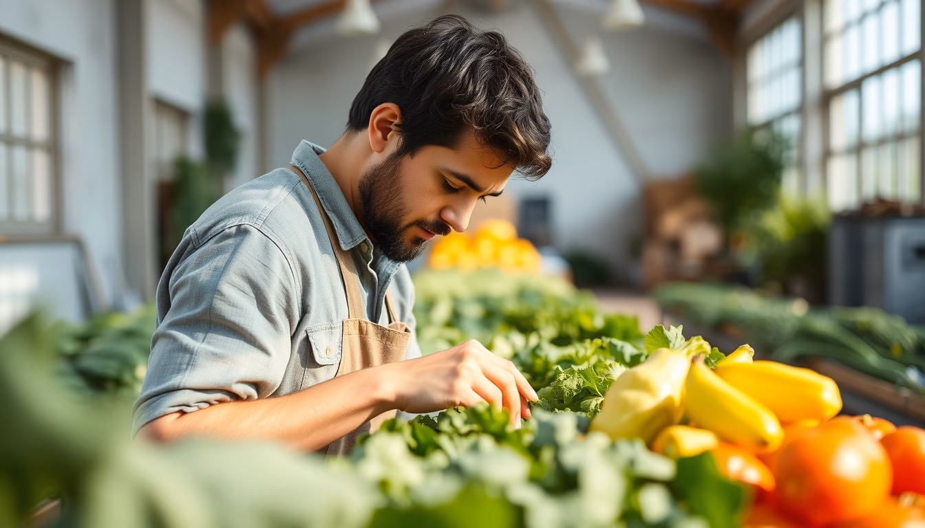 small family farmer tending to organic vegetables in editorial style