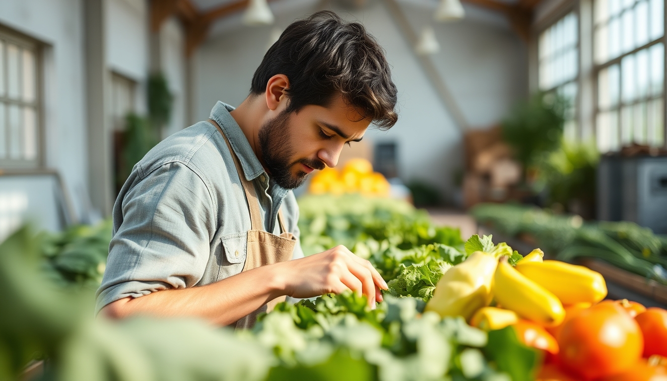 Small family farmer tending to organic vegetables em estilo editorial