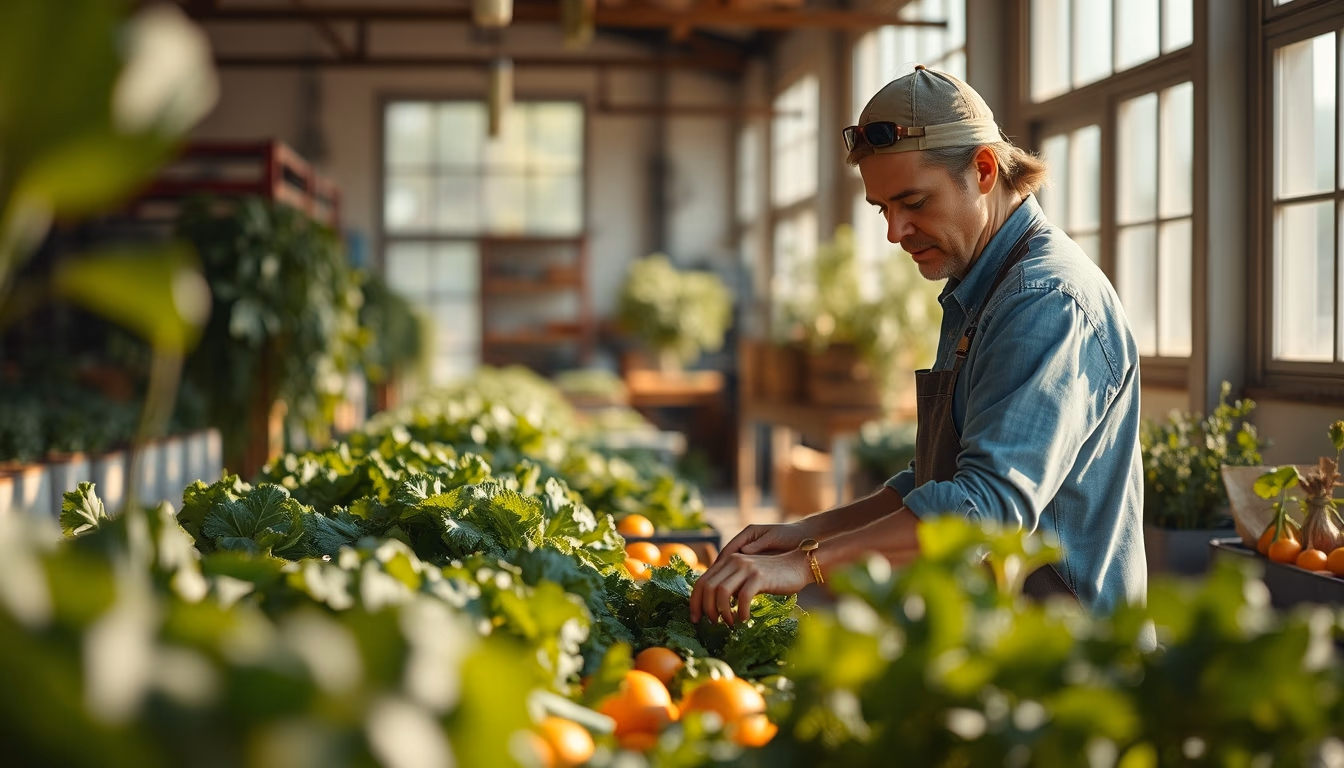 small family farmer tending to organic vegetables in editorial style