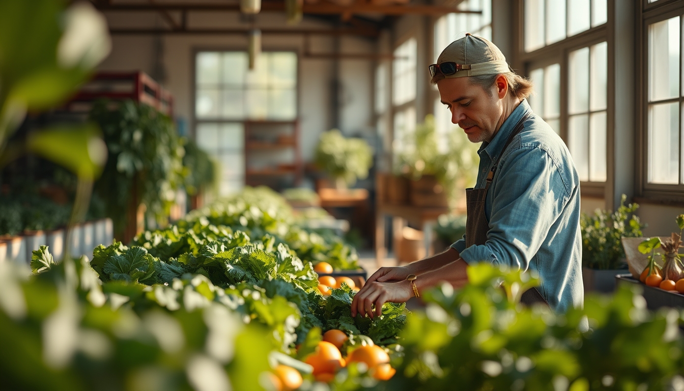 Small family farmer tending to organic vegetables em estilo editorial